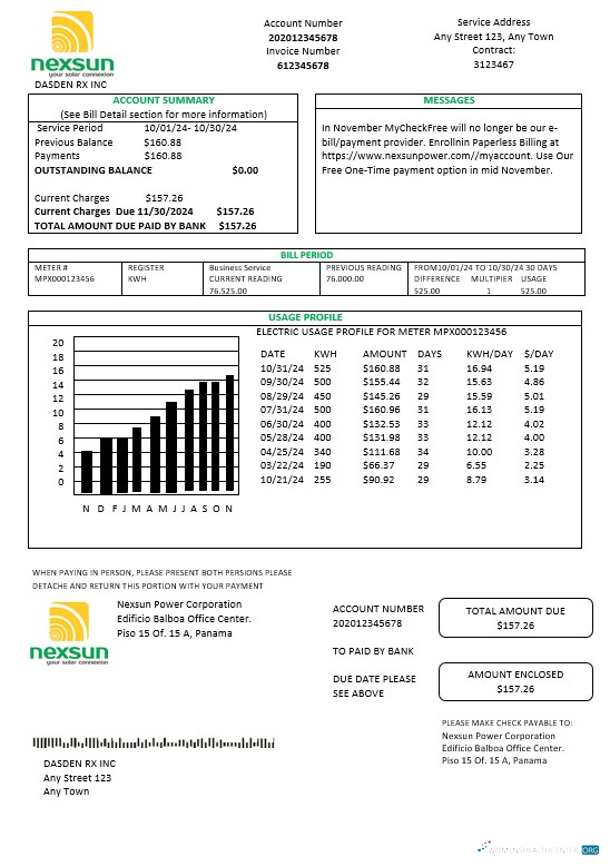 Panama Nexsun Power Corporation electricity business utility bill Word and PDF template